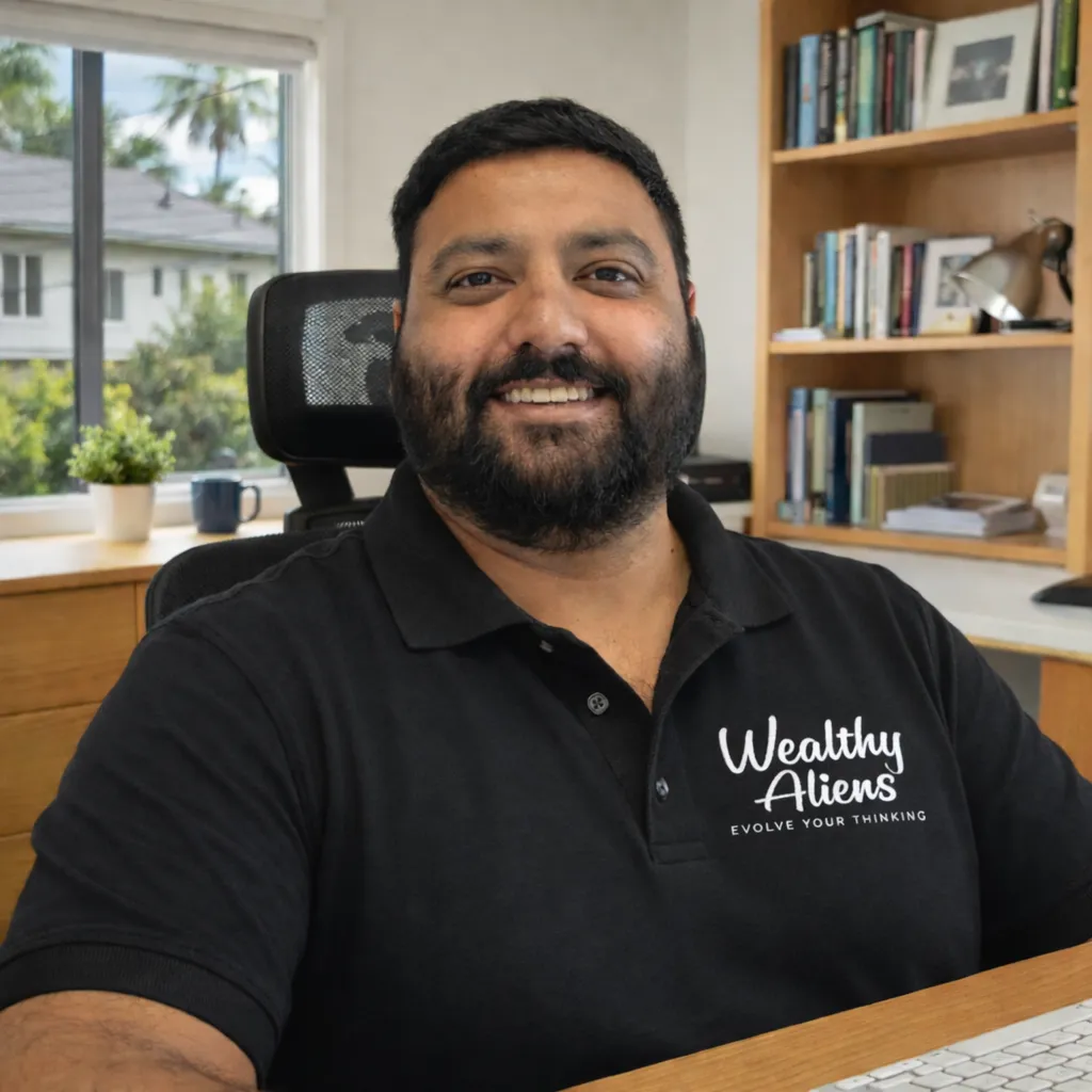 Wealthy Aliens lifestyle advisor smiling at a desk in a home office lined with bookshelves